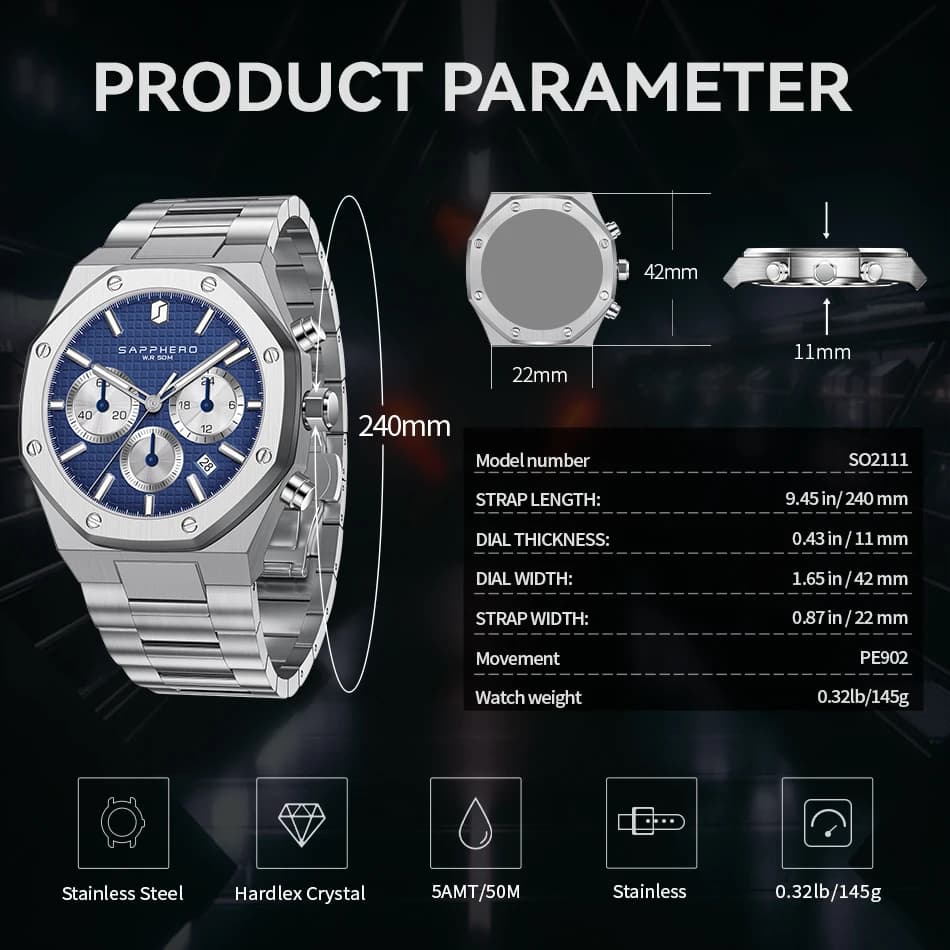 Montre homme SAPPHERO étanche chronographe aiguilles lumineuses acier inoxydable cadeau professionnel