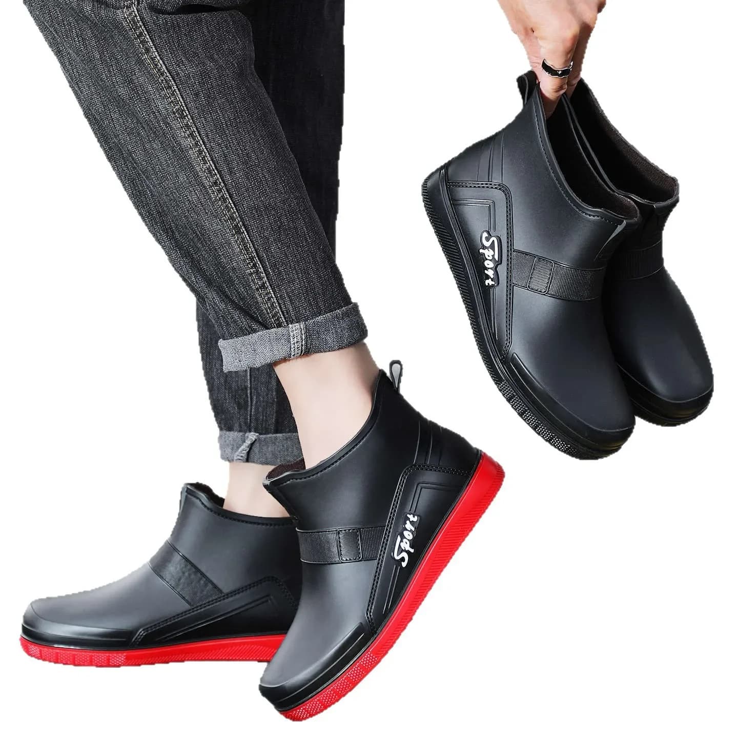 Bottes de pêche homme cheville hautes imperméables avec bandes réfléchissantes noires rouges pour toutes saisons
