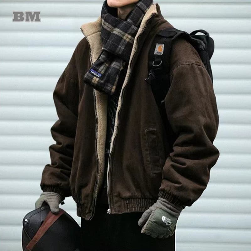 Veste polaire vintage japonaise homme épaisse hiver pêche streetwear loose couple tendance