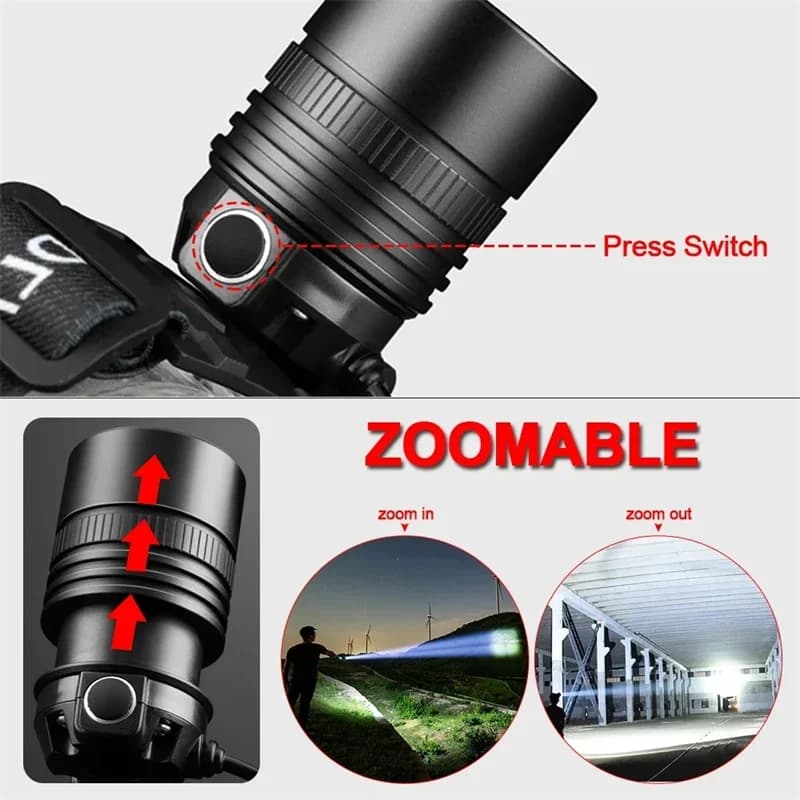 Lampe frontale LED aluminium rechargeable super lumineuse pêche chasse camping lanterne