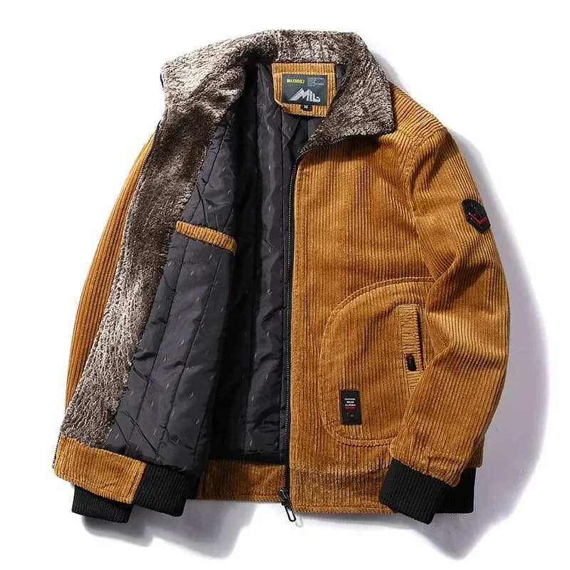 Veste hiver homme pêche thermique coupe-vent - Veste en velours côtelé avec col fourrure