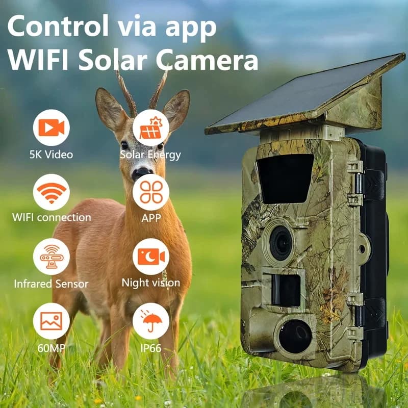 Caméra de chasse solaire 5K 60MP WiFi étanche IP66 grand angle vision nocturne surveillance