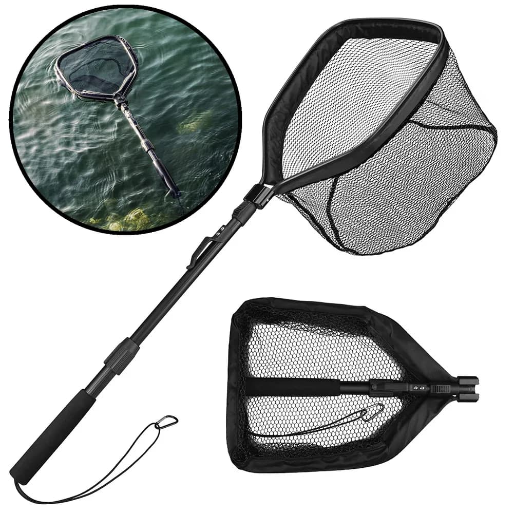 Filet de pêche flottant pliable - Filet à poissons télescopique caoutchouté eau douce/salée