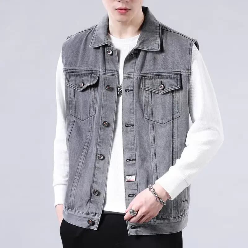 Veste denim rétro haut de gamme multi-poches - Veste sans manches col revers travail - Style vintage pêche