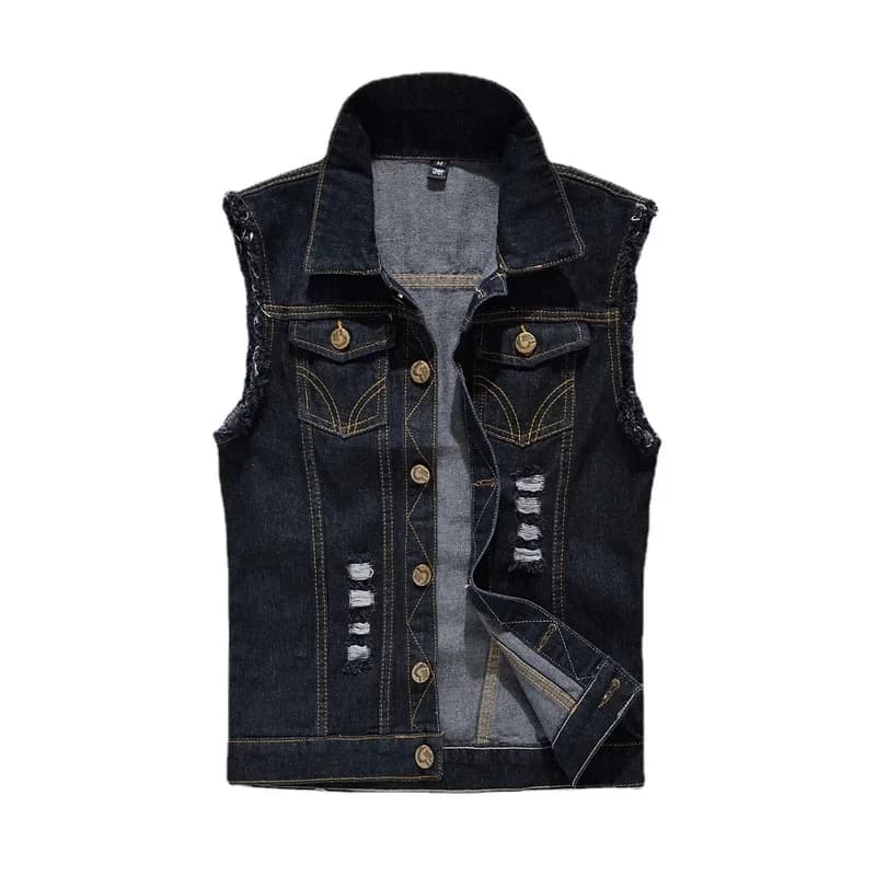 Gilet denim pêche décontracté grande taille 6XL - Veste jeans déchirée bleu clair noir mode pêcheur