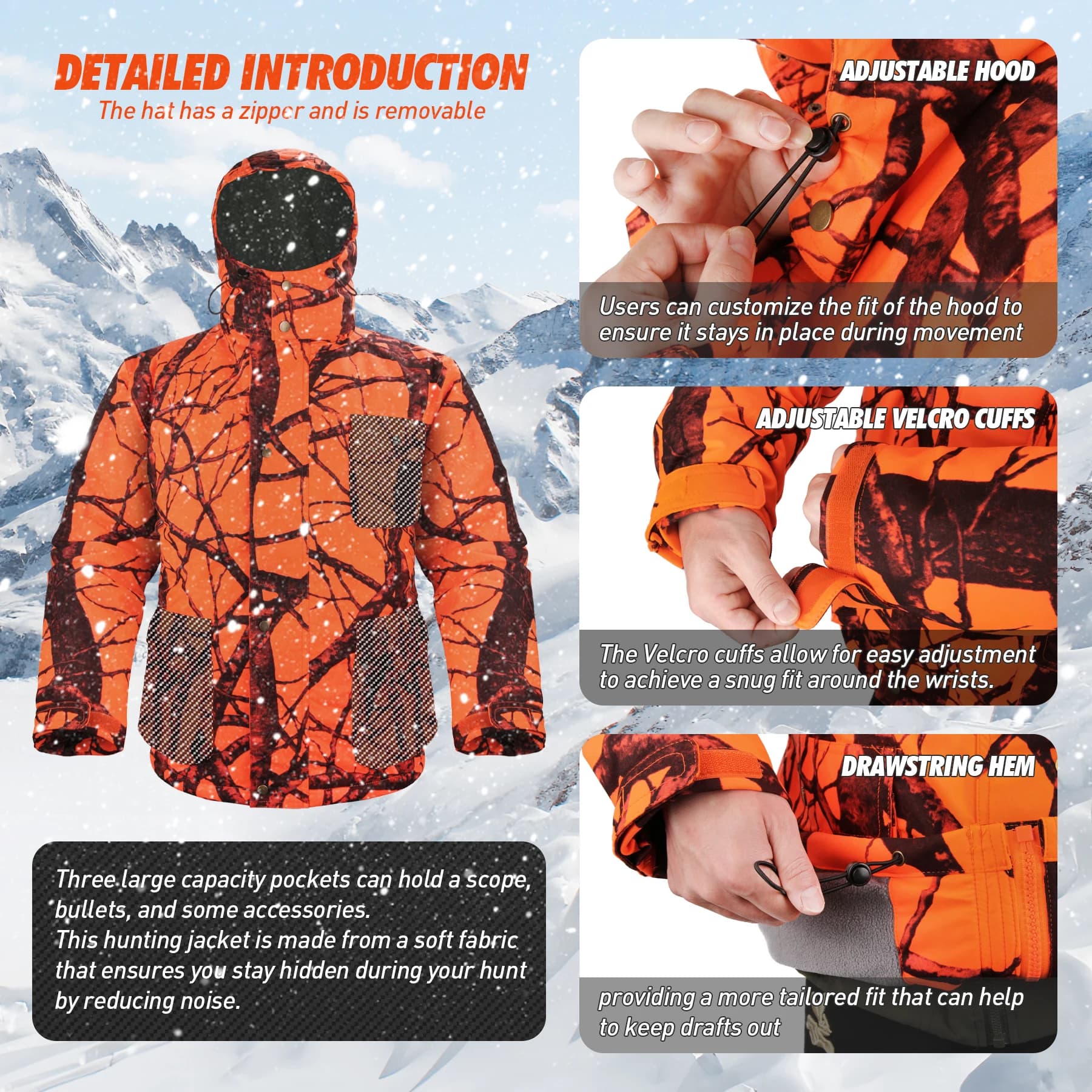 Veste de chasse camouflage orange homme - Vêtement pêche extérieur - Hoodie coupe-vent tactique automne hiver