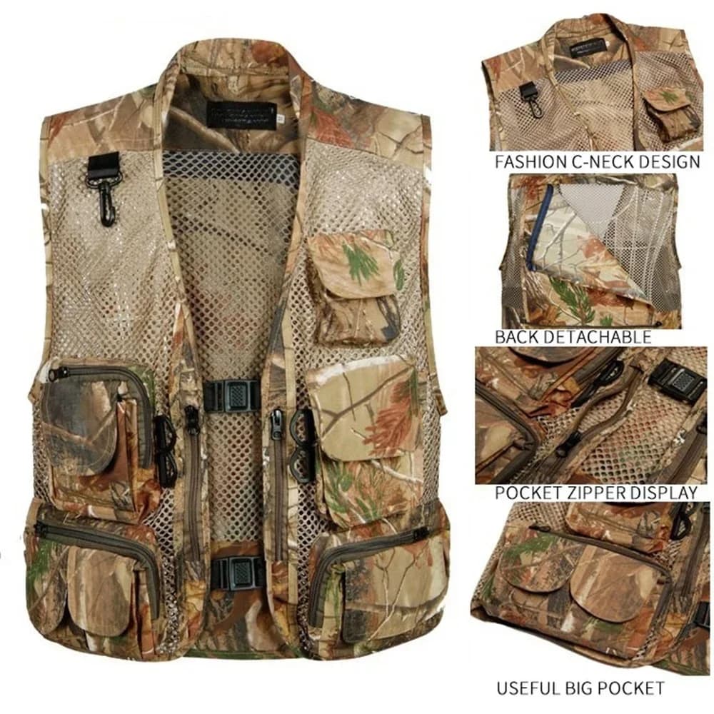 Veste d'été sans manches homme mesh camouflage vert, multi-poches léger et respirant pour pêche
