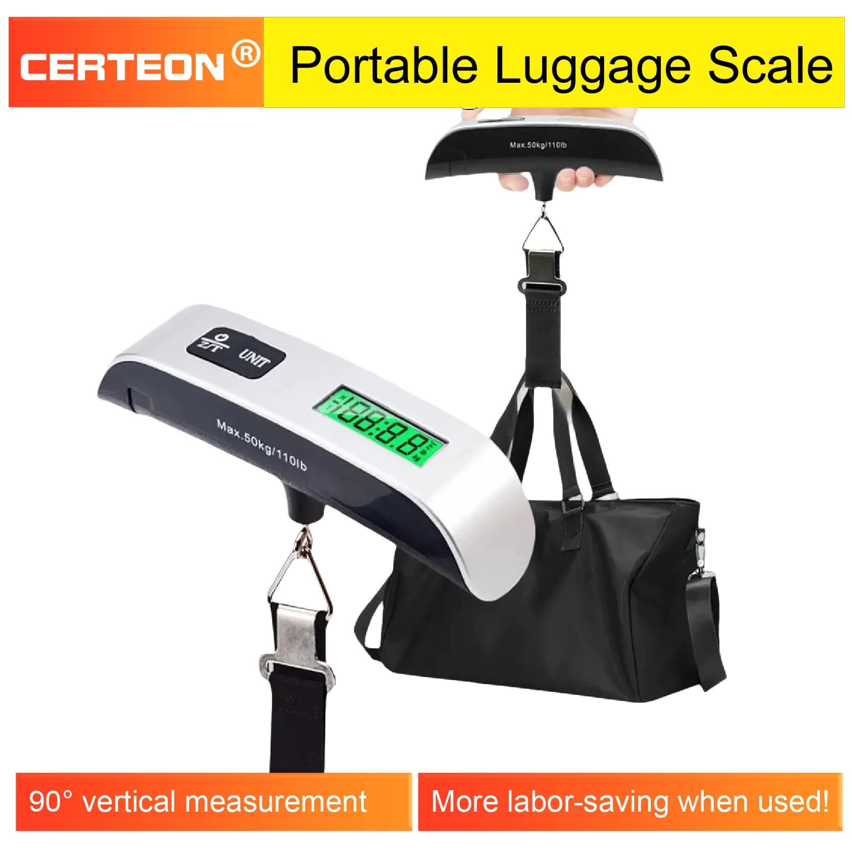 Pèse-bagage digital portable 50kg avec écran LCD rétroéclairé et sangle, pour peser son matériel de pêche et ses bagages