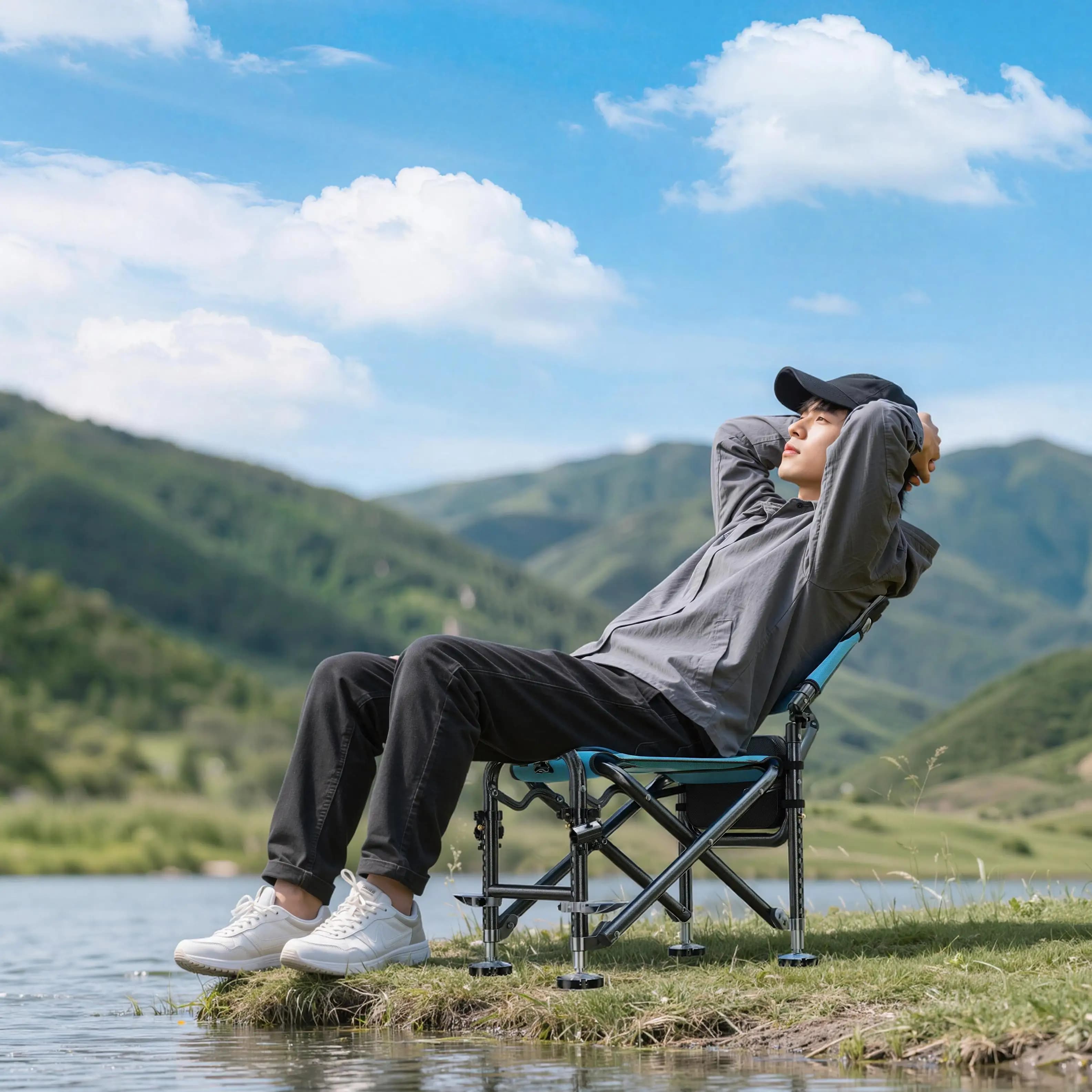 Chaise de pêche fonctionnelle pliante à dossier réglable avec accoudoirs et large assise