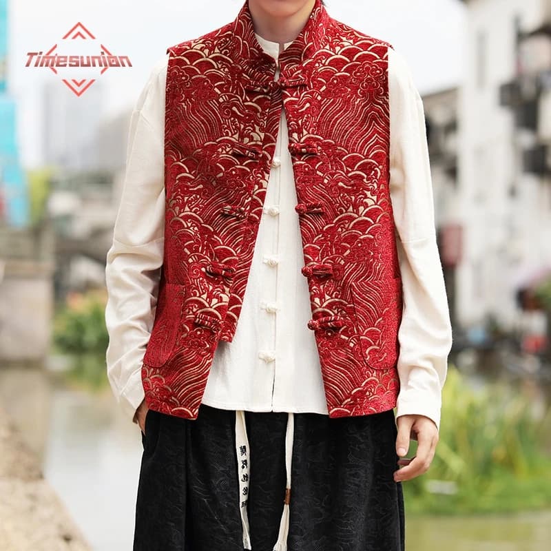 Veste traditionnelle chinoise rouge pêche - Veste Tang jacquard à boucles pour pêcheurs élégants