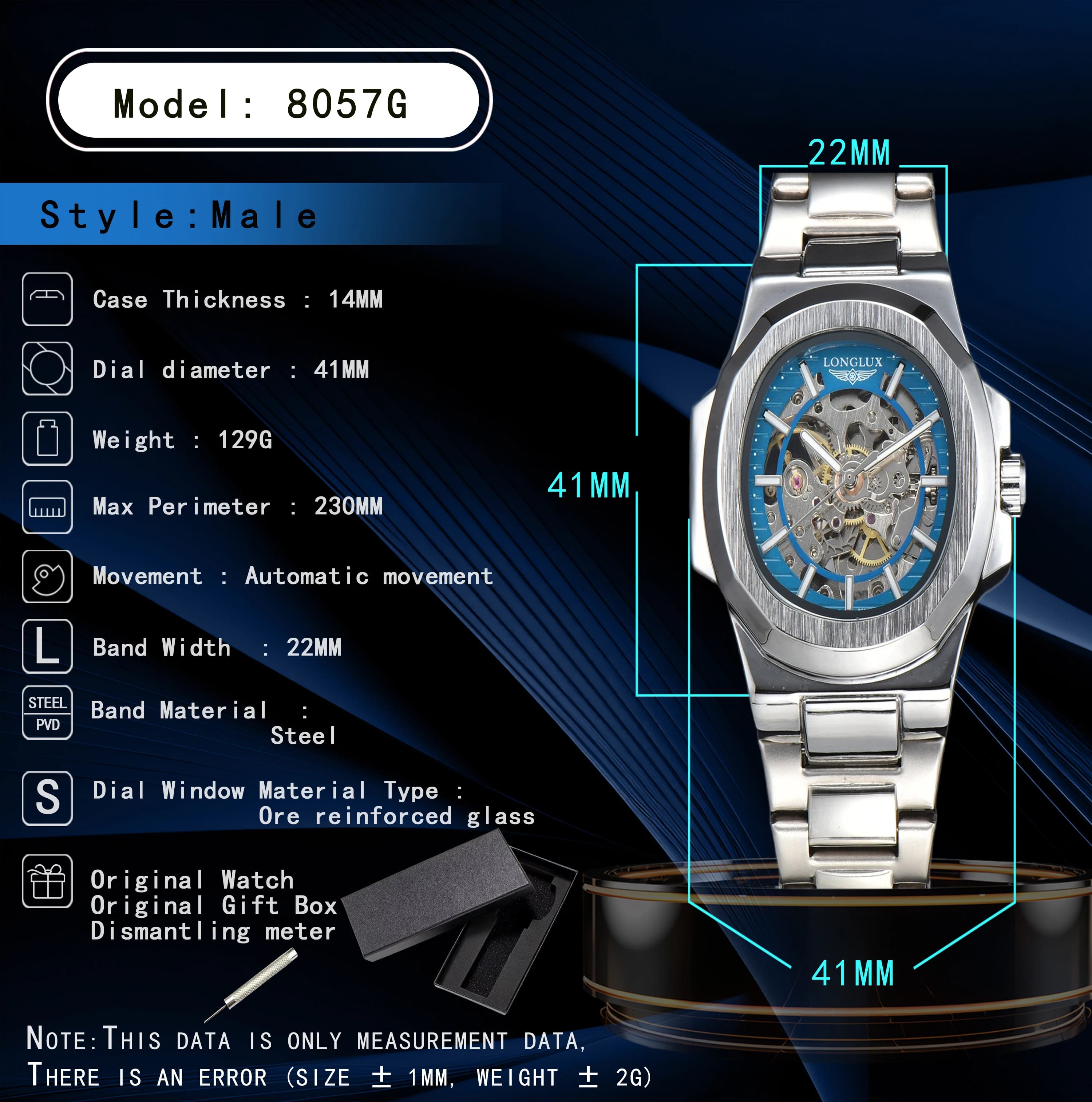 Montre automatique mécanique homme LONGLUX luxe squelette étanche acier inoxydable cadeau