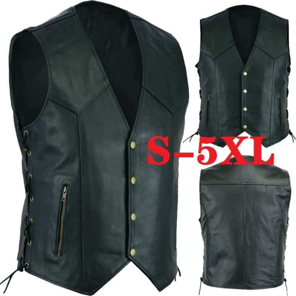 Veste en cuir sans manches pêche homme - Veste décontractée V-neck zippée grande taille 5XL