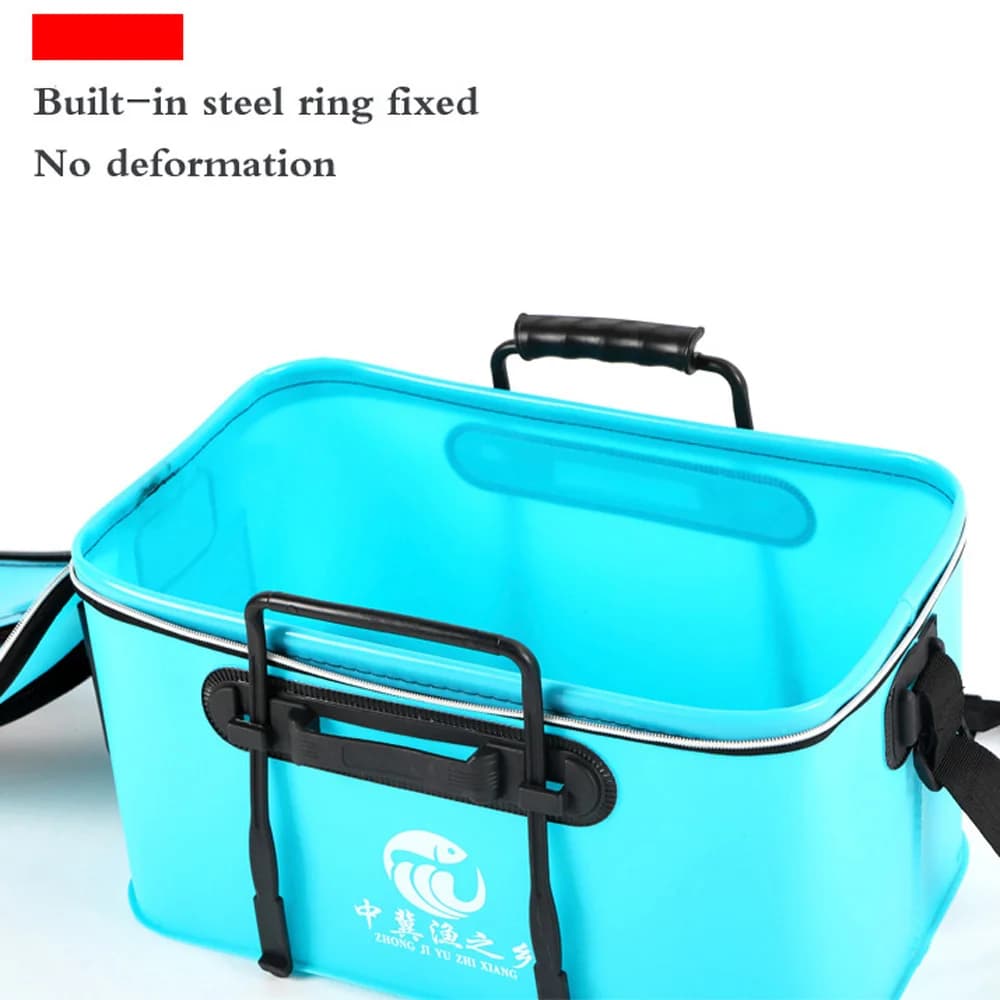 Seau EVA pour poissons vivants avec couvercle filet respirant et poches latérales - Protection poissons pêche