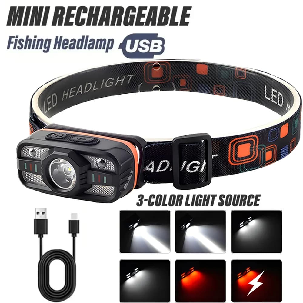 Lampe frontale LED rechargeable USB pour pêche nocturne - 6 modes d'éclairage étanche et portable
