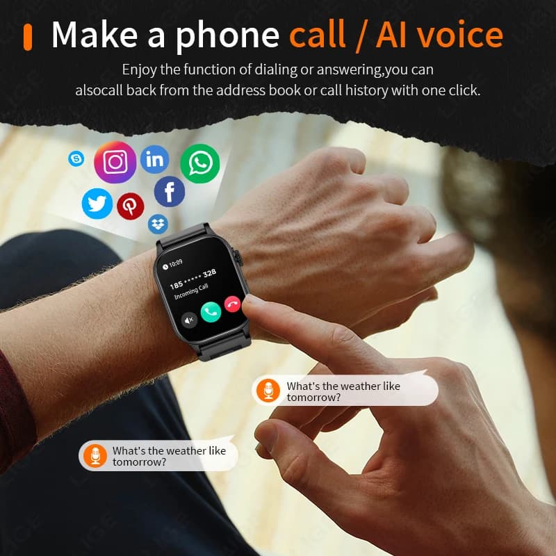 Montre intelligente LIGE avec lampe torche et écran 2.01" - Assistant vocal IA pour pêcheurs