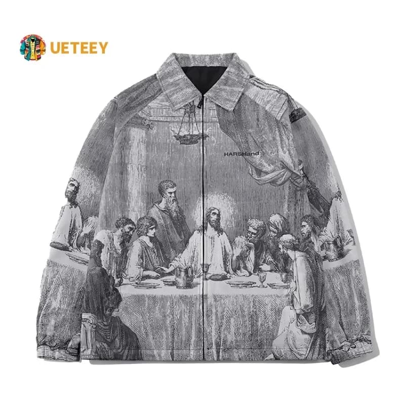 Veste oversize peinture vintage unisexe - Veste légère automne couples - Veste extérieure imprimé artistique