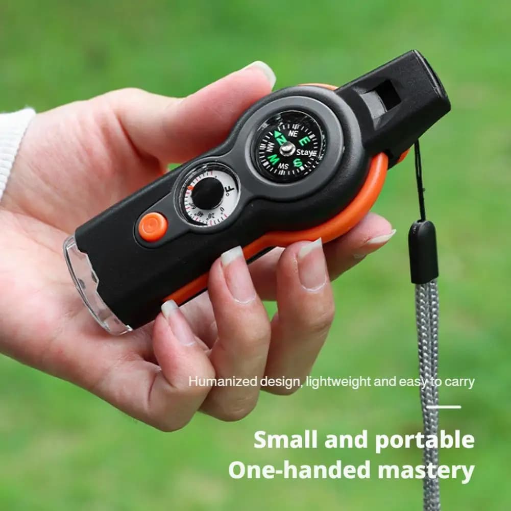 Sifflet survie multifonction 7-en-1 - Accessoire voyage avec LED et boussole pour pêche
