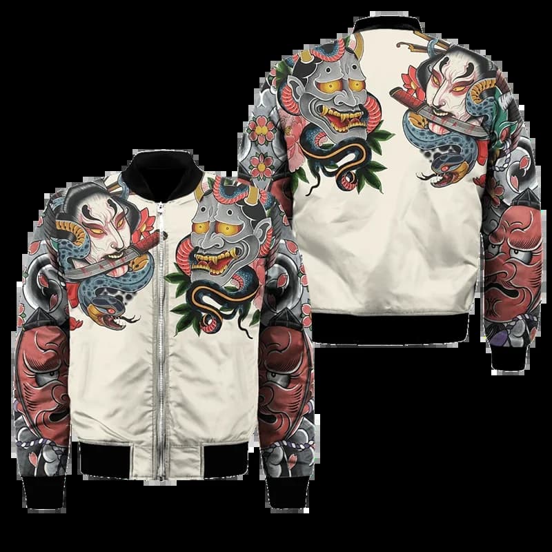Bomber homme imprimé 3D masque samouraï Oni - Veste casual unisexe au design audacieux pour pêcheurs créatifs