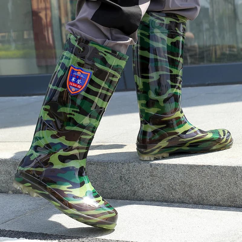 Bottes pluie camouflage hautes unisexes pêche travail antidérapantes caoutchouc