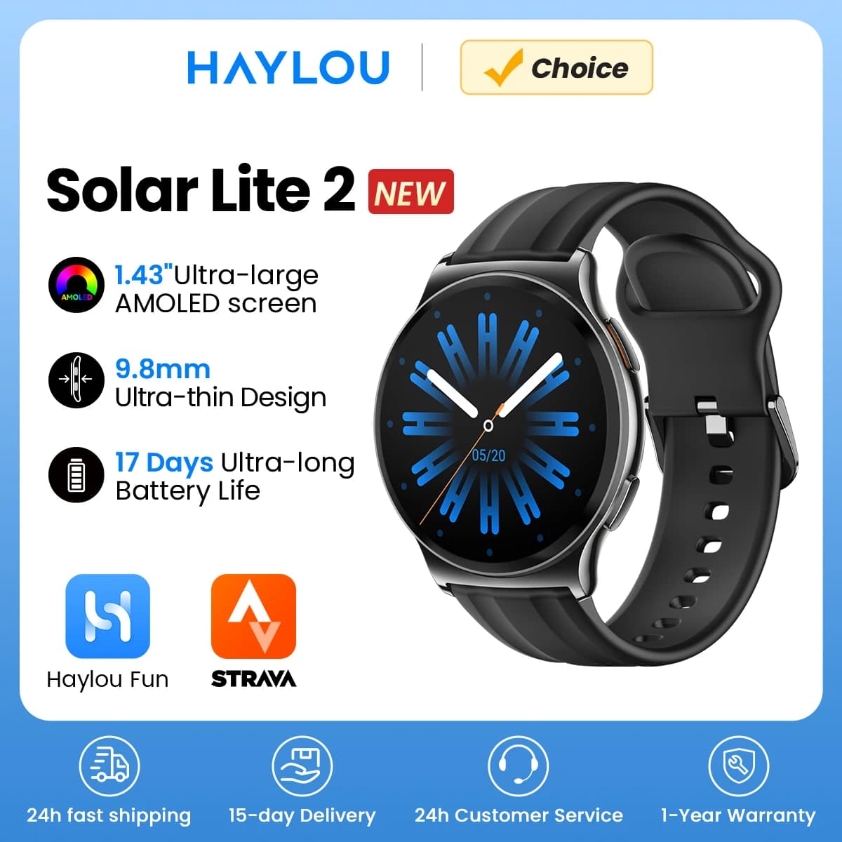 Montre HAYLOU Solar Lite 2 - Écran AMOLED 1.43", monitoring santé 24h/24, 150 modes sport, étanche 1ATM