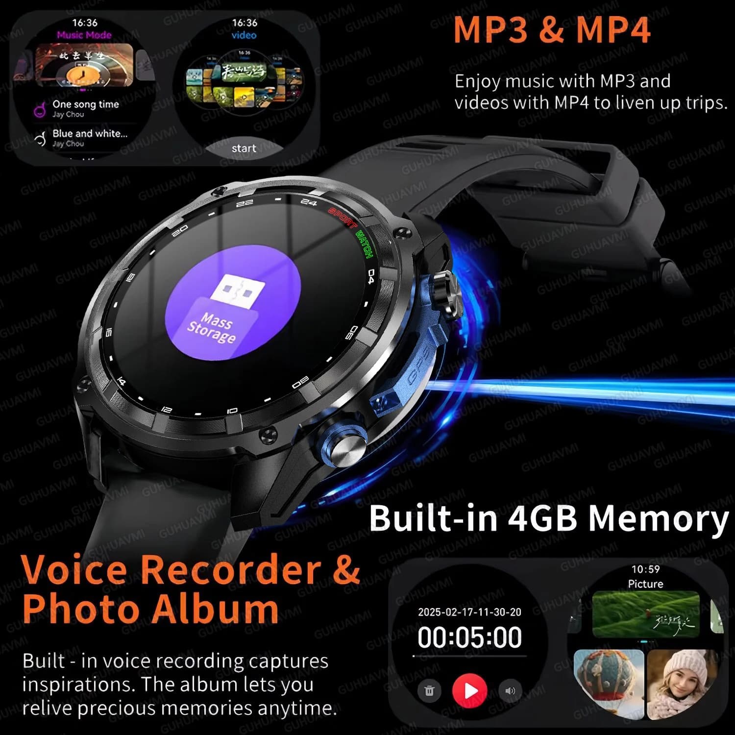 Montre militaire 2025 GPS navigation hors ligne 1000mAh mémoire 4GB MP3/MP4 étanche sport