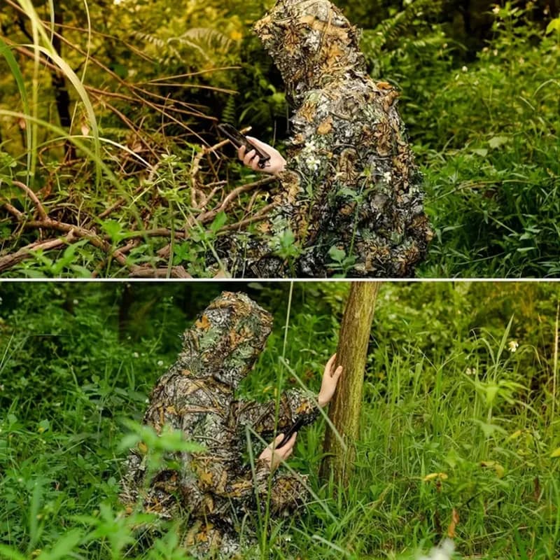 Combinaison Ghillie feuillue 3D camouflage forêt pour pêche discrète et photographie animalière