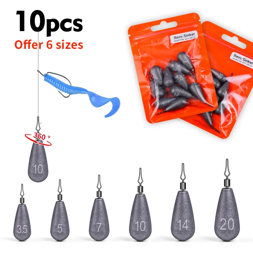 Kit 10 plombs de pêche en forme de goutte avec anneau tournant pour montage de lignes et pêche au coup