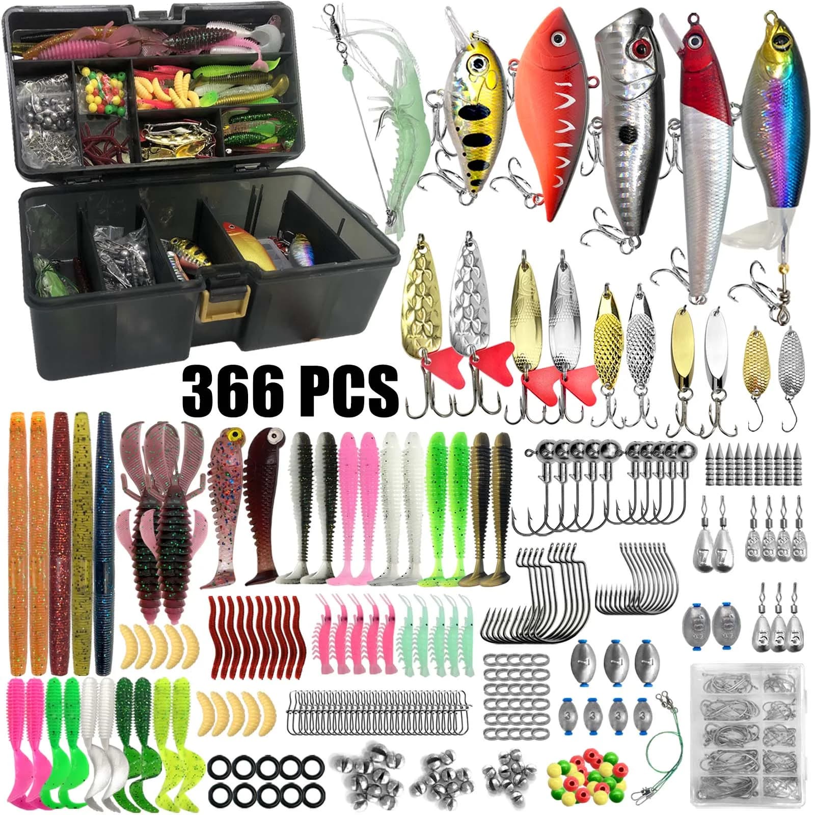 Kit pêche 86 à 366 pièces pour truite brochet black bass - coffret leurres multi-techniques complet