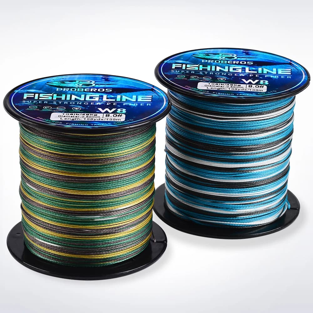 Ligne de pêche tressée Proberos 8 brins PE multifilament, anti-abrasion Blue Camo 20-106LB pour 109 yards
