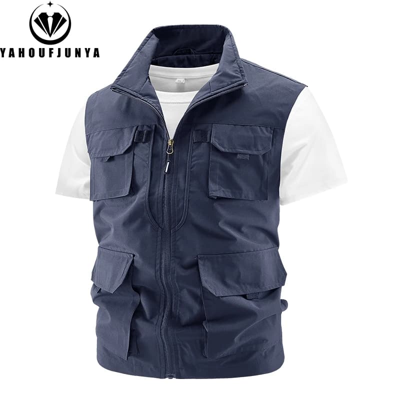 Gilet pêche homme été multiples poches - Col montant solide sans manches - Veste outdoor respirante