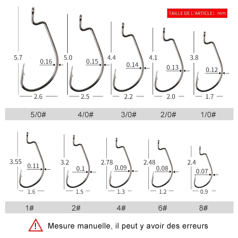 Hameçons pour leurres souples Meredith 50 pièces, acier haute teneur en carbone, large super verrouillage, tailles