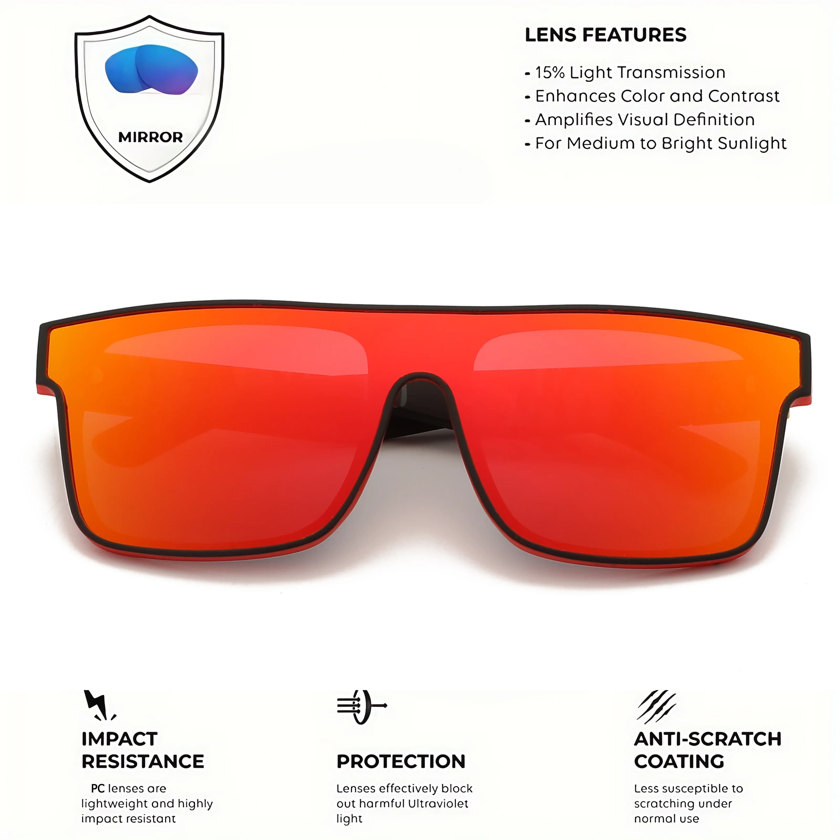 Lunettes carrées classiques fashion unisexe UV400 - Verre unique pour vélo, randonnée et voyage