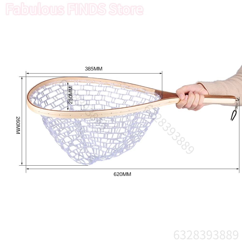 Épuisette pêche à la mouche manche bois maille caoutchouc transparent pour truite pêche no-kill rivière
