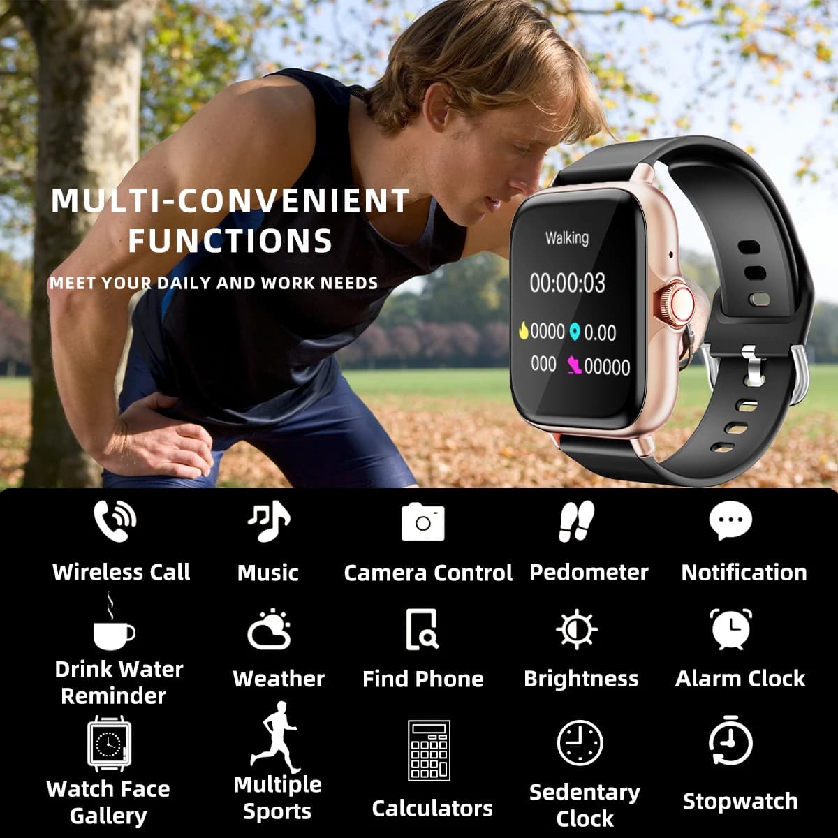 Montre connectée étanche 1.83" réponse messages appels monitoring sommeil podomètre alertes iPhone Android