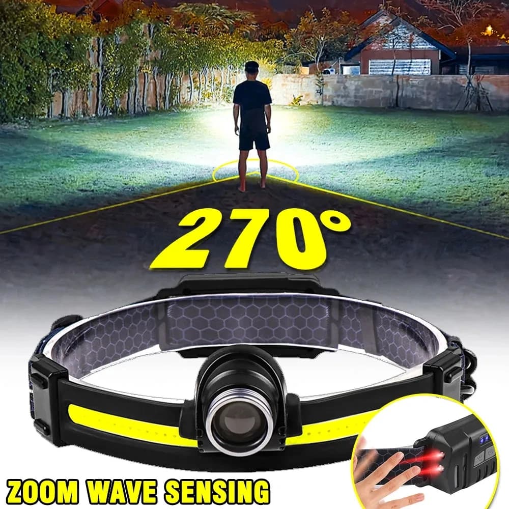 Lampe frontale LED COB zoomable puissante pour pêche nocturne et activités outdoor