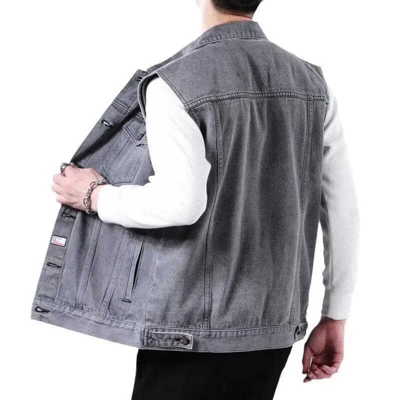 Veste denim rétro haut de gamme multi-poches - Veste sans manches col revers travail - Style vintage pêche