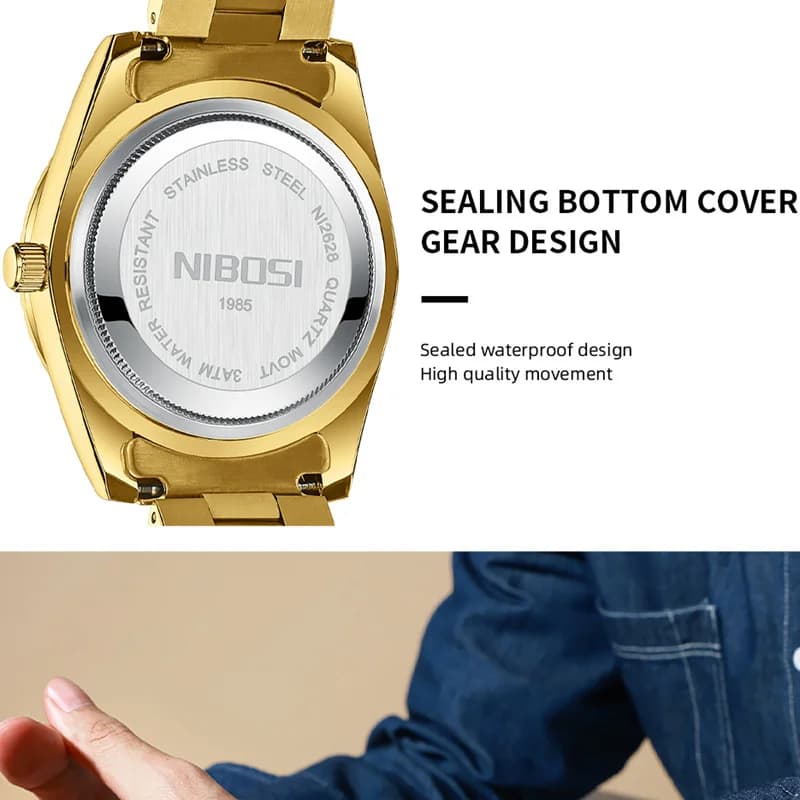 Montre homme NIBOSI luxe or rouge quartz étanche pêcheur affichage date semaine lisible pêche