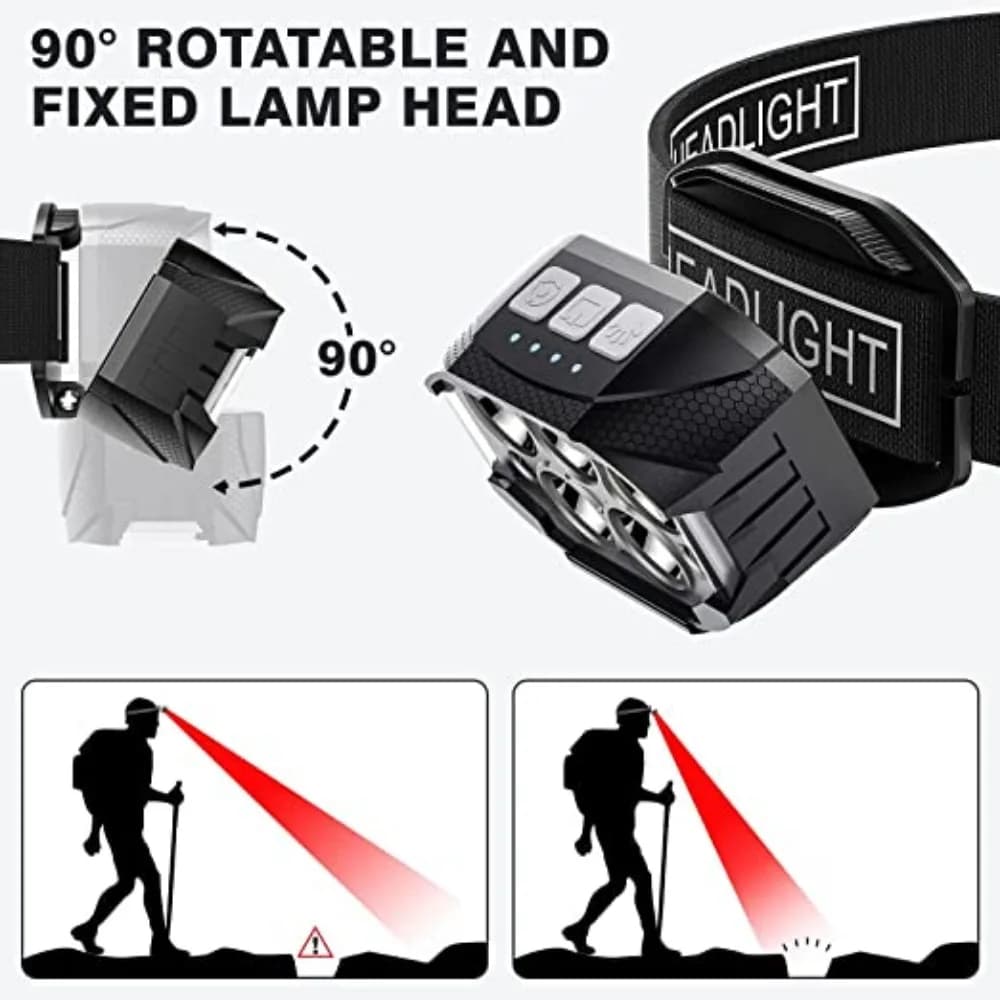 Lampe frontale LED 1200 lumens étanche avec capteur de mouvement rechargeable pour pêche en conditions humides