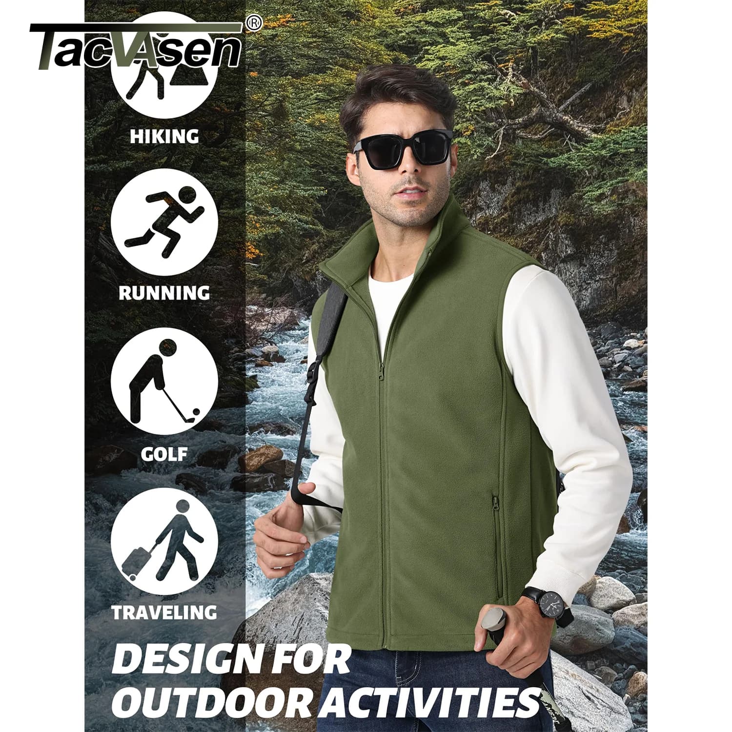 Veste polaire sans manches TACVASEN col montant pour pêche et randonnée printemps automne