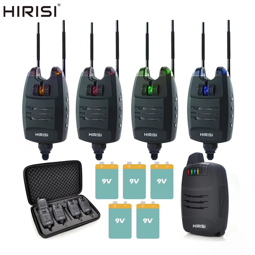 Set alarme pêche sans fil Hirisi B1228 1+4 - indicateur morsure électronique LED et sonore avec snag ear