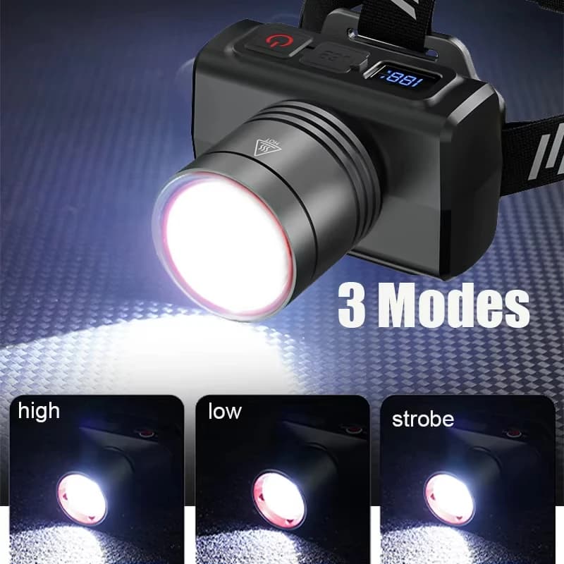 Lampe frontale LED détecteur rechargeable puissante pêche camping 3 modes éclairage recherche