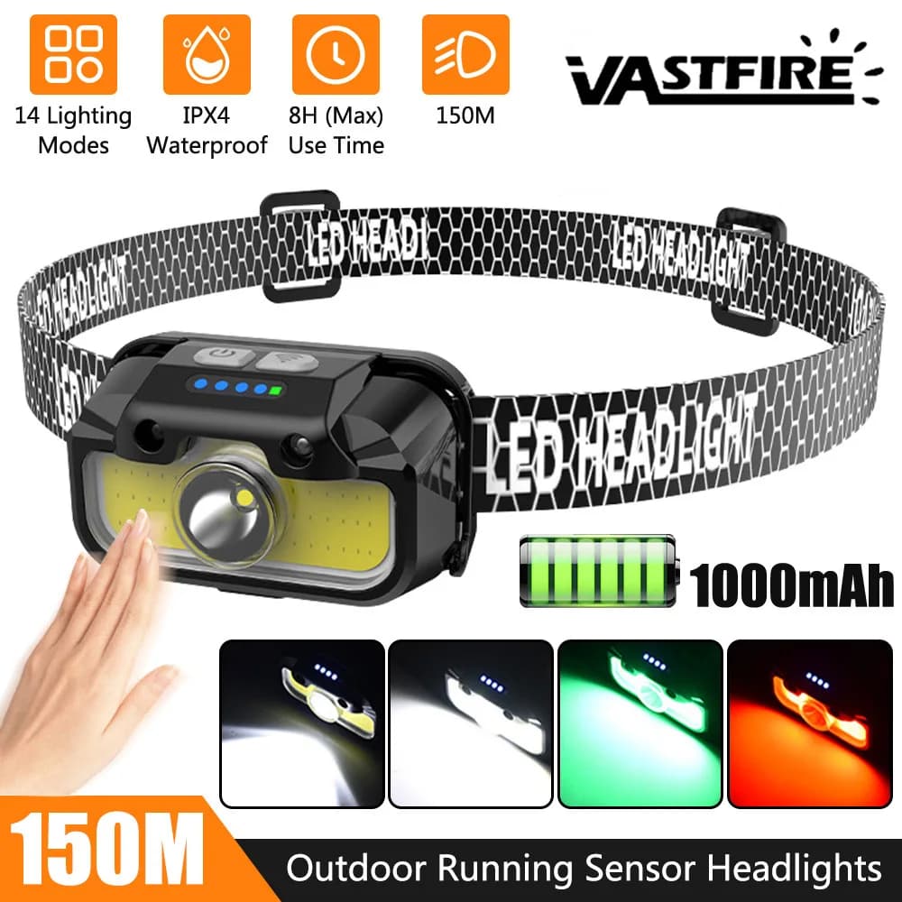 Lampe frontale puissante USB détecteur mouvement 14 modes étanche pêche camping extérieur
