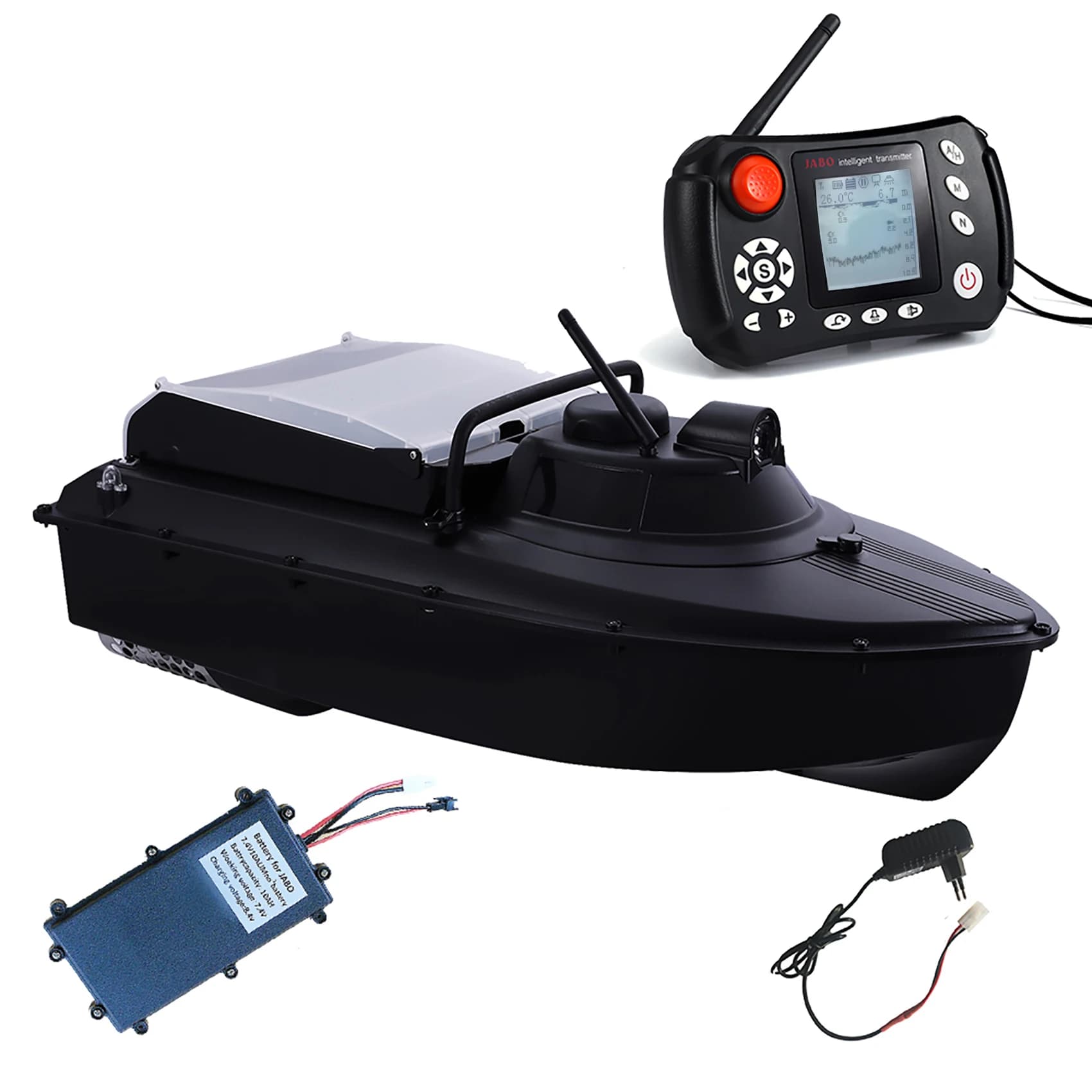 Bateau appât 2 en 1 avec détecteur poissons JABO2BG - Pour pêche carpe électrique 7.4V autonome