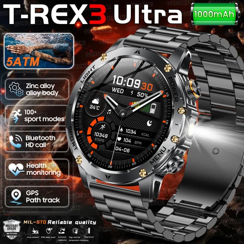 Montre Militaire 2025 T-Rex 3 Ultra - Smartwatch homme batterie 1000mAh étanche 5ATM lampe torche suivi sport