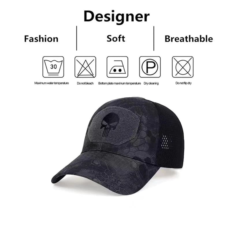 Casquette mesh camouflage crâne été 2024 - Chapeau pêche airsoft réglable pour hommes et femmes
