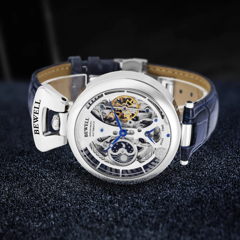 Montre automatique mécanique étanche luxe boîtier acier bracelet cuir véritable fond transparent