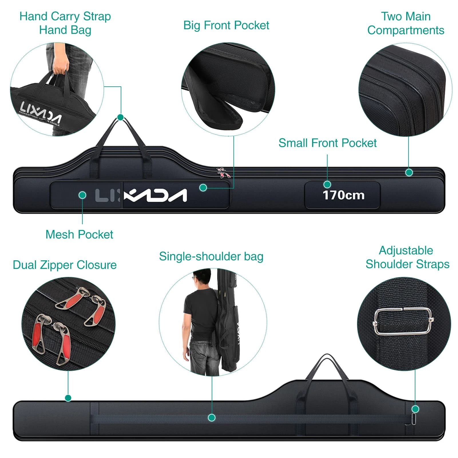 Sac de pêche Lixada pliable 80-210cm organisateur pour cannes et matériel - Transport optimisé