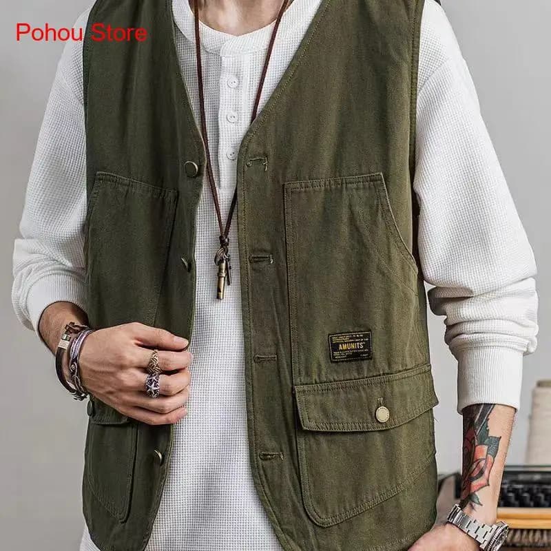 Veste sans manches japonaise été poches multiples homme - Workwear rétro léger et aéré
