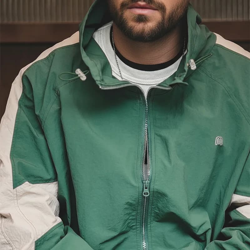 Veste patchwork à double zip détachable pour hommes - Col montant coupe loose printemps automne décontractée