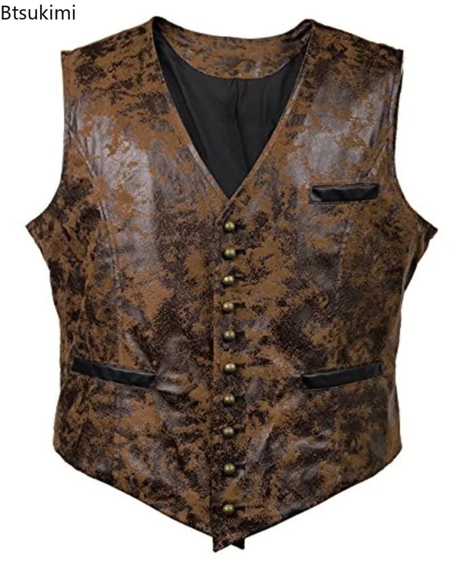 Gilet steampunk slim homme - Veste sans manches cuir faux boutons rivets cowboy costume cosplay